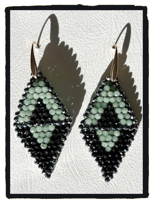 Pendientes 4 TRIANGLES ágata verde agua, turmalina negra y terahercio