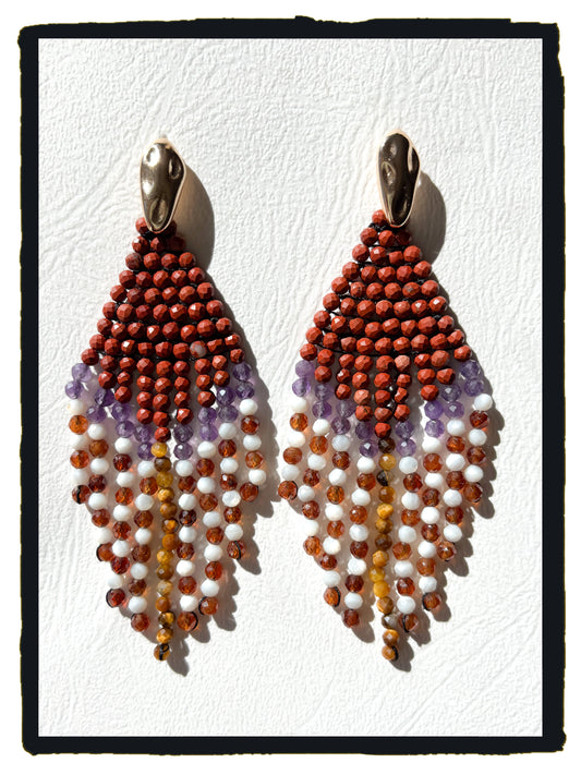 Pendientes FEATHERS jaspe rojo, amatista, granate naranja, ojo de tigre y nacar