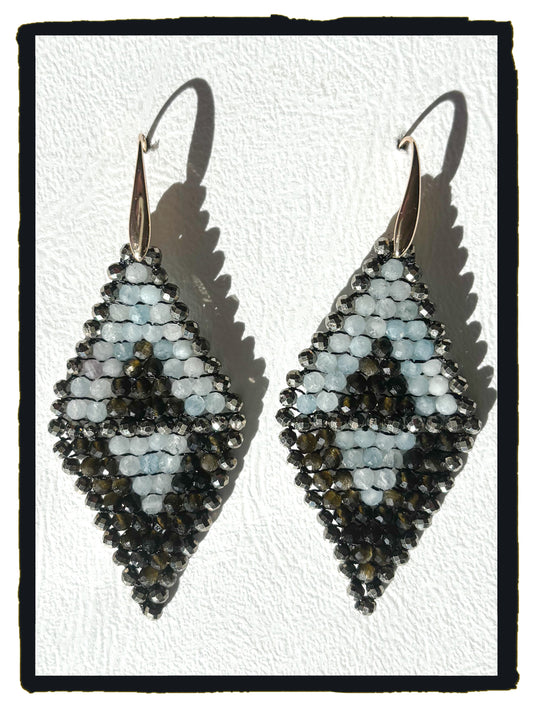Pendientes 4 TRIANGLES aguamarina, obsidiana y pirita